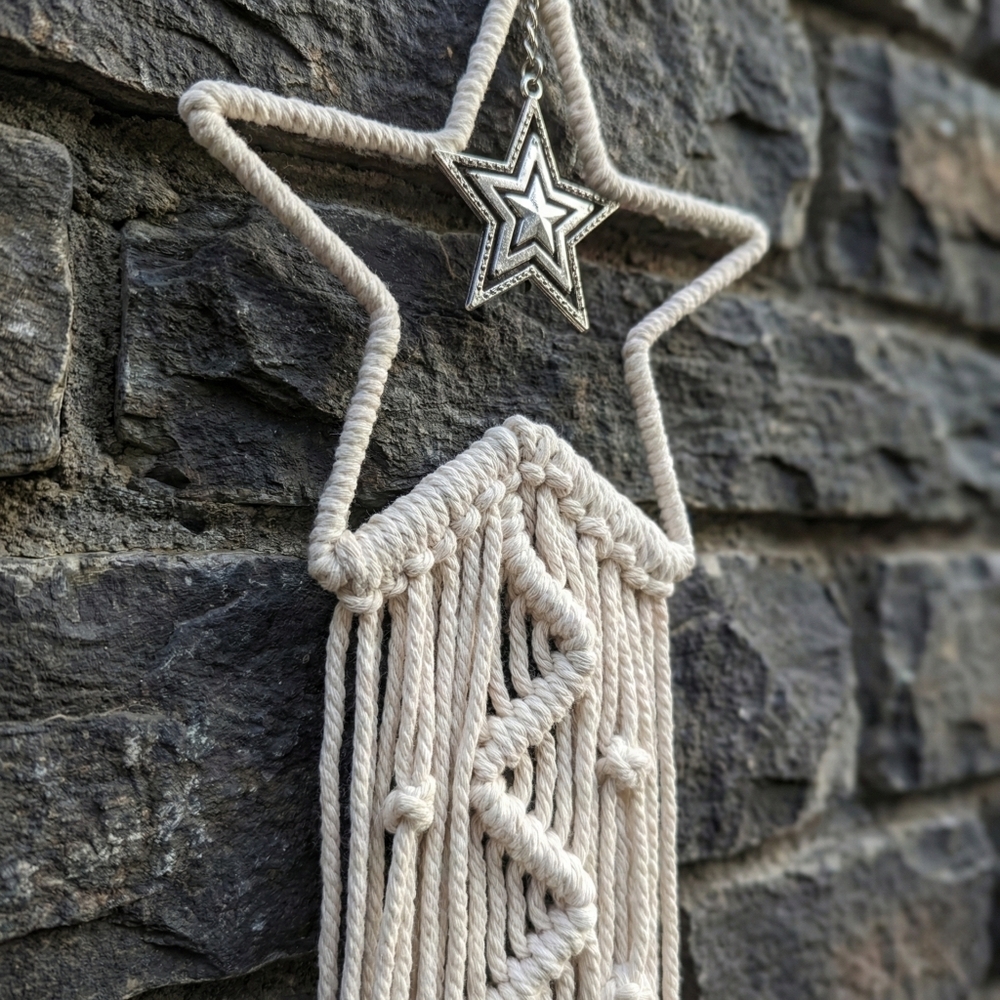 Celestial Macramรฉ Star Wall Hanging 38โ Cream Silver Charm Whimsigoth Decor - Picture 3 of 14
